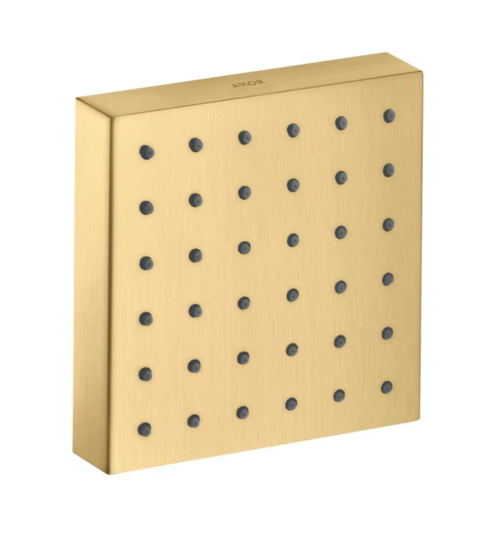 Wandmontiertes Brausemodul in Brushed Gold Optik mit schwarzem Sprühkopf-Design, hergestellt von AXOR. Square Form mit mehreren Düsen auf der Vorderseite.
